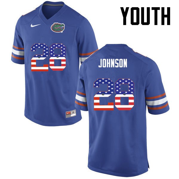 Florida Gators Youth #28 Kylan Johnson College Football USA Flag Fashion Blue